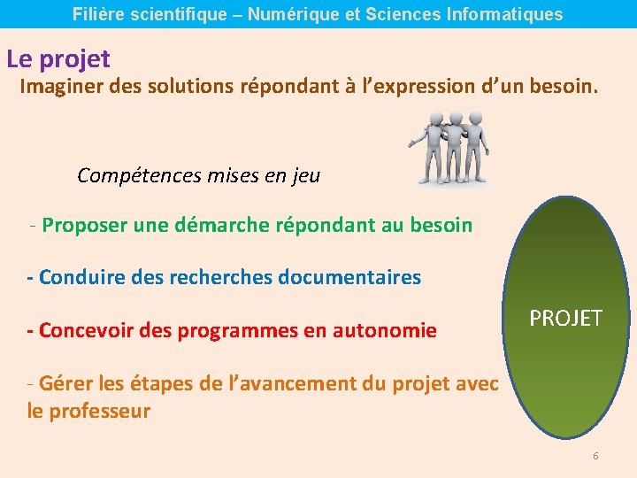 Filière scientifique – Numérique et Sciences Informatiques Le projet Imaginer des solutions répondant à