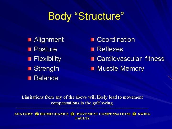Body “Structure” Alignment Posture Flexibility Strength Balance Coordination Reflexes Cardiovascular fitness Muscle Memory Limitations