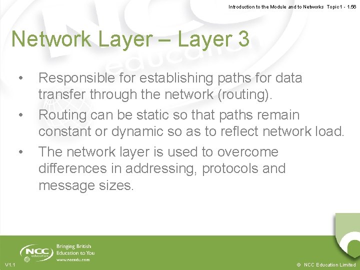 Introduction to the Module and to Networks Topic 1 - 1. 56 Network Layer Introduction to the Module and to Networks Topic 1 - 1. 56 Network Layer