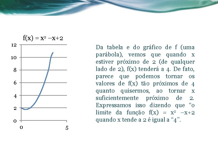 12 f(x) = x 2 –x+2 Da tabela e do gráfico de f (uma