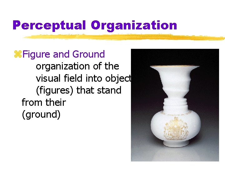 Perceptual Organization z. Figure and Ground organization of the visual field into objects (figures)