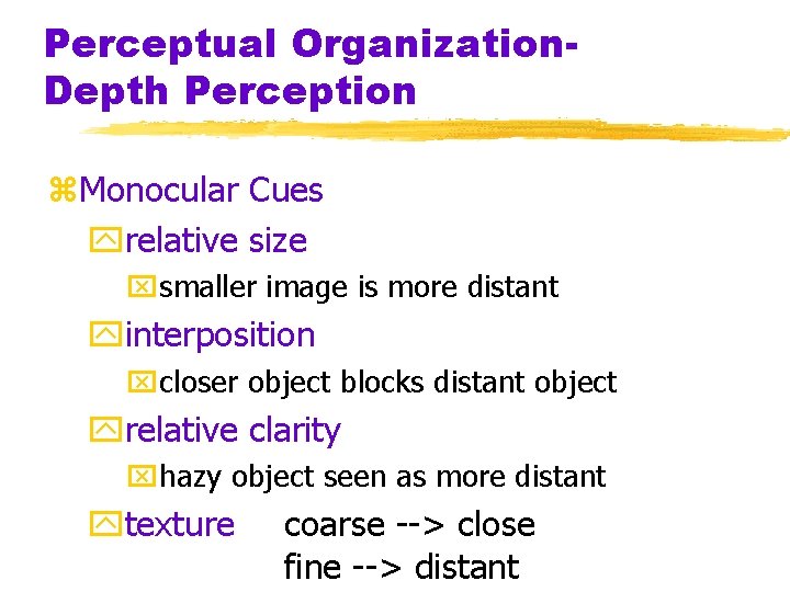 Perceptual Organization. Depth Perception z. Monocular Cues yrelative size xsmaller image is more distant