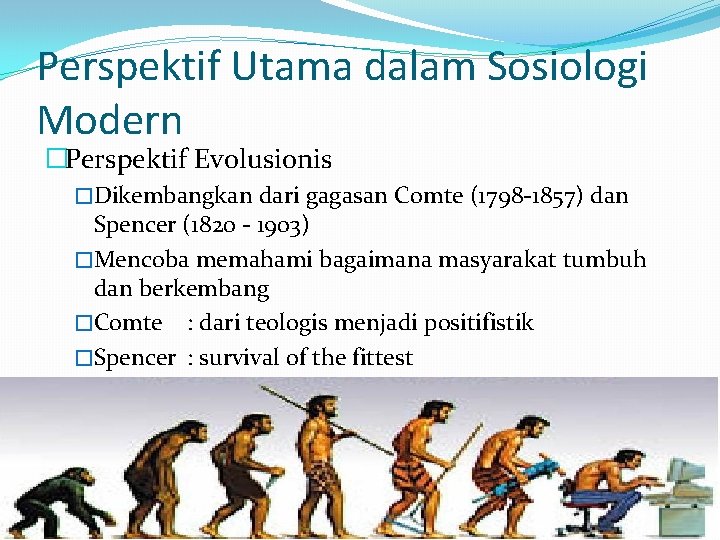 Perspektif Utama dalam Sosiologi Modern �Perspektif Evolusionis �Dikembangkan dari gagasan Comte (1798 -1857) dan Perspektif Utama dalam Sosiologi Modern �Perspektif Evolusionis �Dikembangkan dari gagasan Comte (1798 -1857) dan