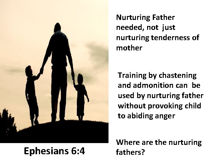 Nurturing Father needed, not just nurturing tenderness of mother Training by chastening and admonition