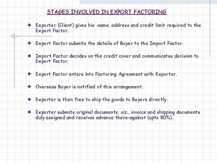 STAGES INVOLVED IN EXPORT FACTORING Exporter (Client) gives his name, address and credit limit