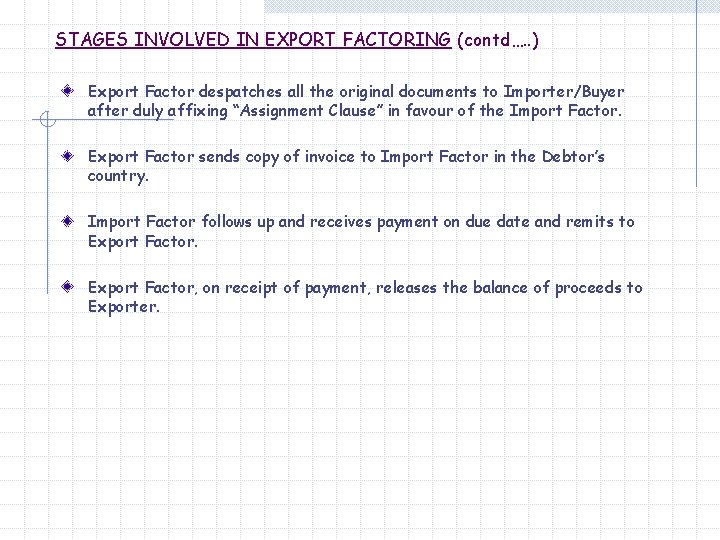 STAGES INVOLVED IN EXPORT FACTORING (contd…. . ) Export Factor despatches all the original
