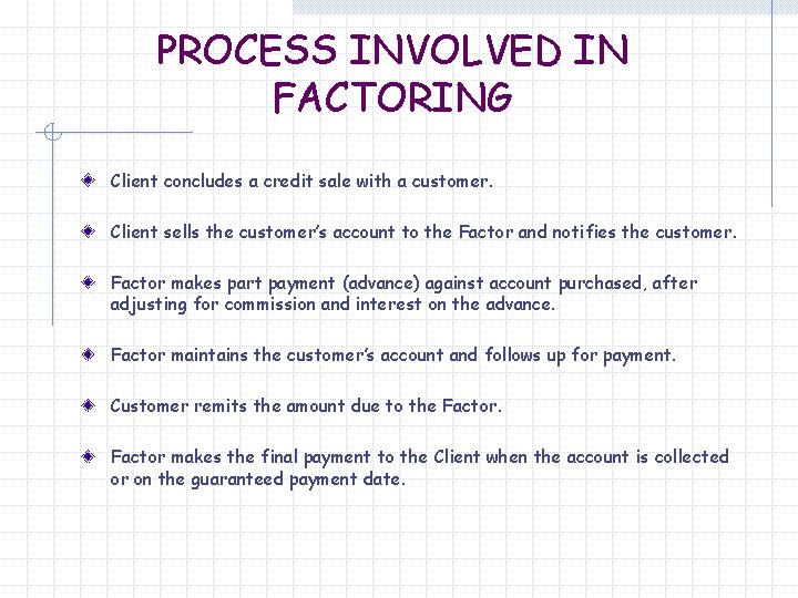 PROCESS INVOLVED IN FACTORING Client concludes a credit sale with a customer. Client sells