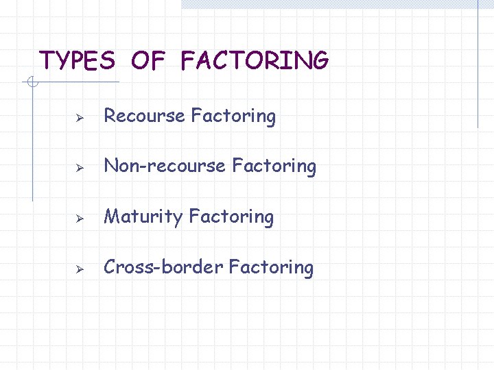 TYPES OF FACTORING Ø Recourse Factoring Ø Non-recourse Factoring Ø Maturity Factoring Ø Cross-border