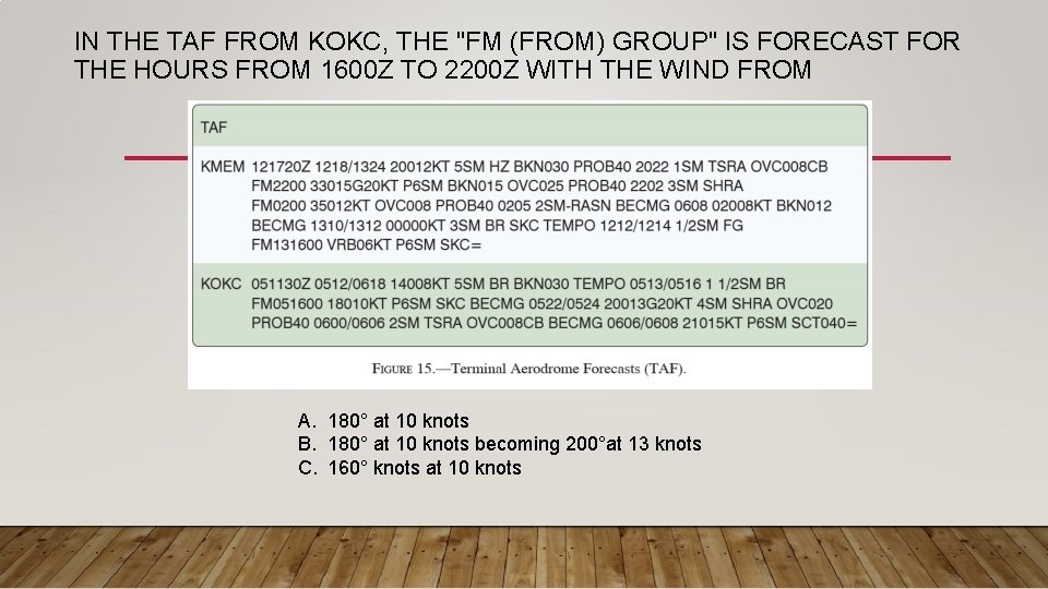 IN THE TAF FROM KOKC, THE "FM (FROM) GROUP" IS FORECAST FOR THE HOURS