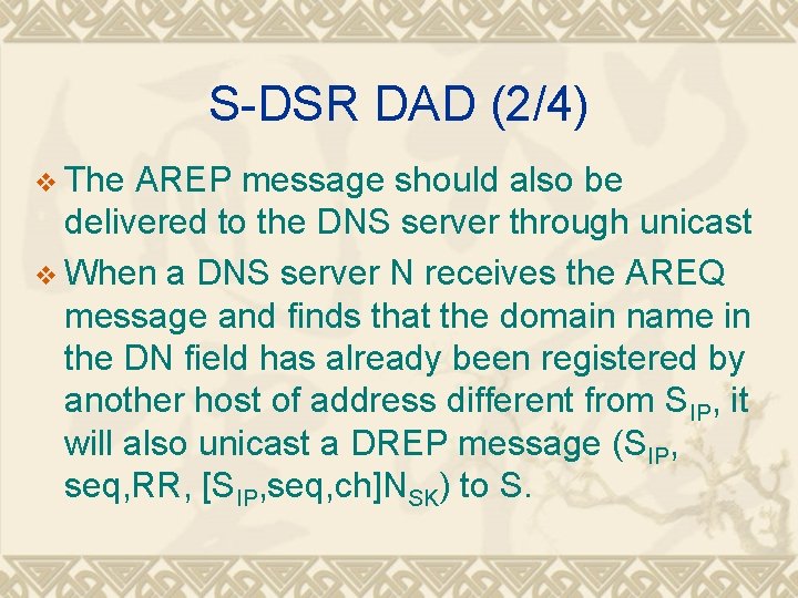 S-DSR DAD (2/4) v The AREP message should also be delivered to the DNS