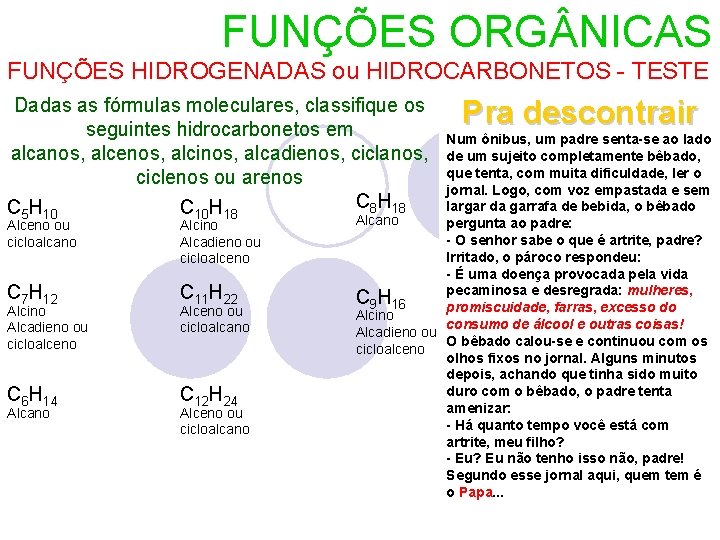 FUNÇÕES ORG NICAS FUNÇÕES HIDROGENADAS ou HIDROCARBONETOS - TESTE Dadas as fórmulas moleculares, classifique