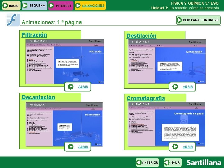 INICIO ESQUEMA ANIMACIONES INTERNET FÍSICA Y QUÍMICA 3. º ESO Unidad 3: La materia: