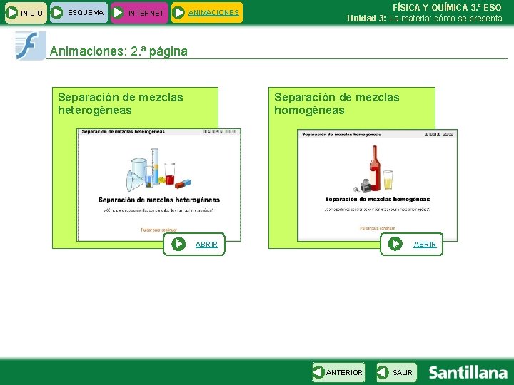 INICIO ESQUEMA INTERNET ANIMACIONES FÍSICA Y QUÍMICA 3. º ESO Unidad 3: La materia: