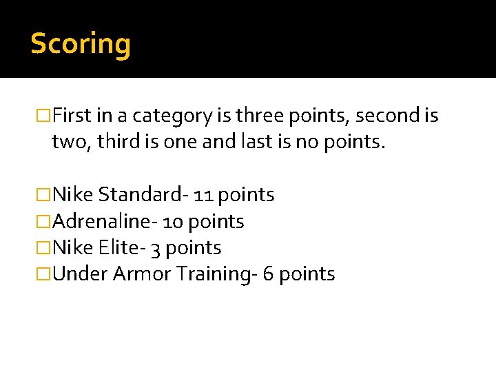 Scoring �First in a category is three points, second is two, third is one