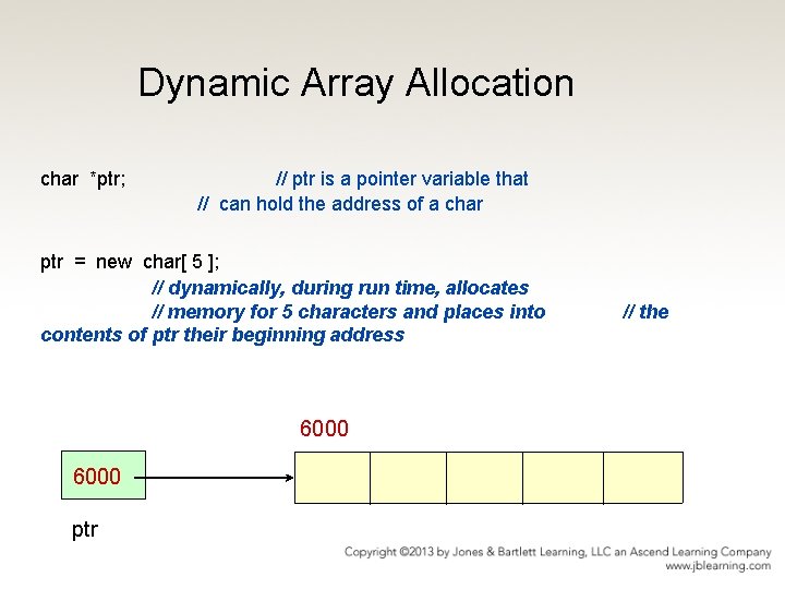 Dynamic Array Allocation char *ptr; // ptr is a pointer variable that // can