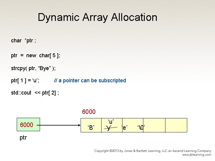 Dynamic Array Allocation char *ptr ; ptr = new char[ 5 ]; strcpy( ptr,