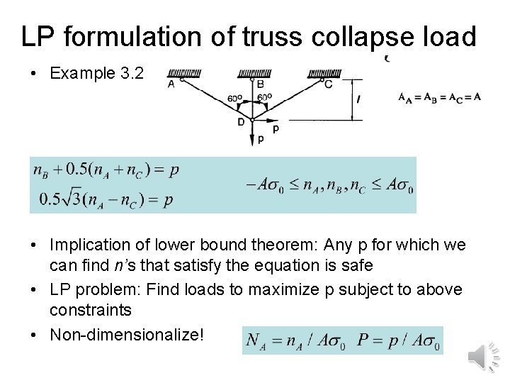 LP formulation of truss collapse load • Example 3. 2 • Implication of lower