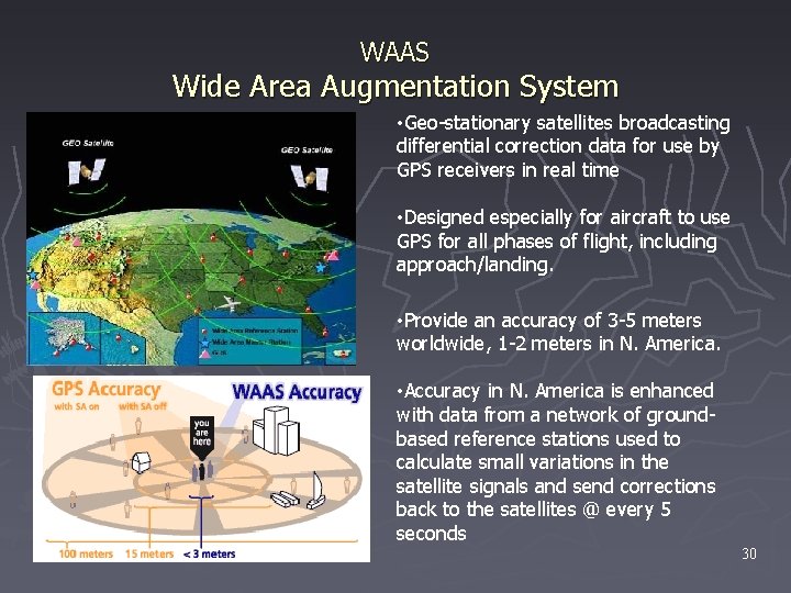WAAS Wide Area Augmentation System • Geo-stationary satellites broadcasting differential correction data for use