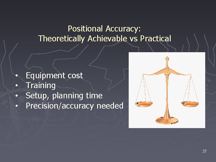 Positional Accuracy: Theoretically Achievable vs Practical • • Equipment cost Training Setup, planning time