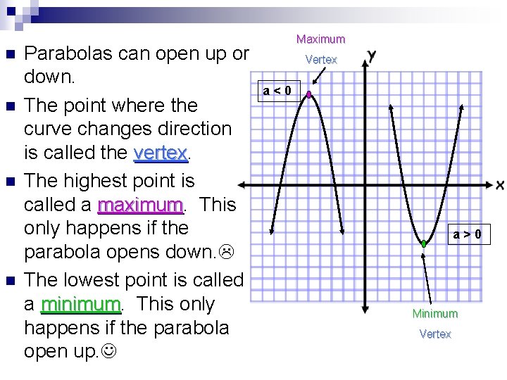 n n Parabolas can open up or down. The point where the curve changes