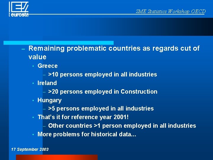 SME Statistics Workshop OECD – Remaining problematic countries as regards cut of value •
