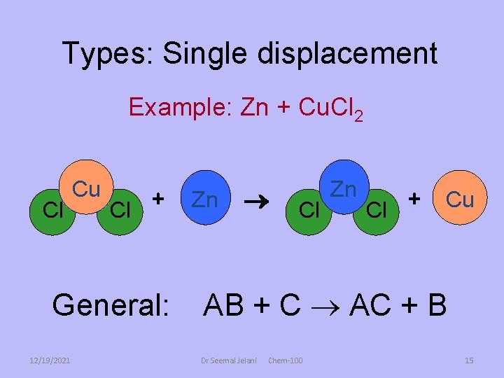 Types: Single displacement Example: Zn + Cu. Cl 2 Cl Cu + Cl General: