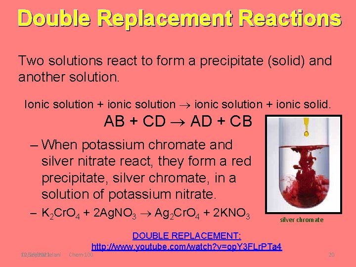 Double Replacement Reactions Two solutions react to form a precipitate (solid) and another solution.