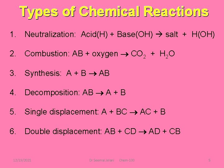 Types of Chemical Reactions 1. Neutralization: Acid(H) + Base(OH) salt + H(OH) 2. Combustion: