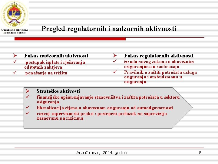 Pregled regulatornih i nadzornih aktivnosti Ø ü ü Fokus nadzornih aktivnosti Ø Fokus regulatornih