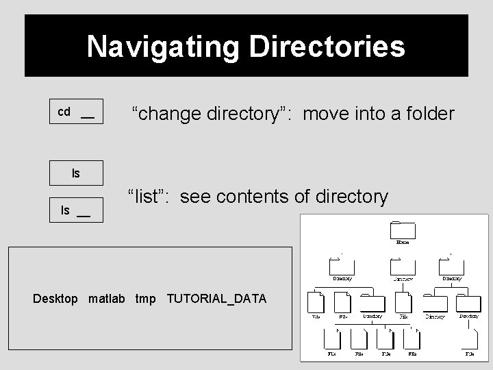 Navigating Directories cd __ “change directory”: move into a folder ls ls __ “list”: