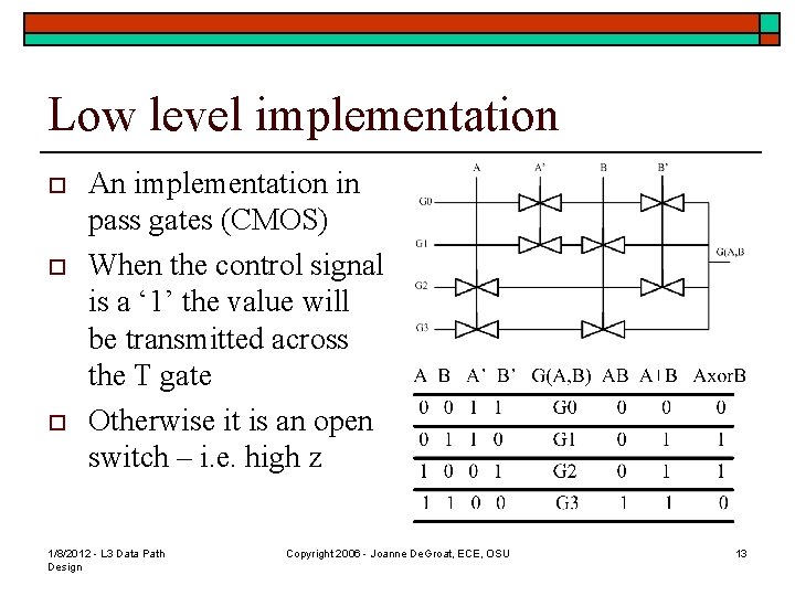 Low level implementation o o o An implementation in pass gates (CMOS) When the