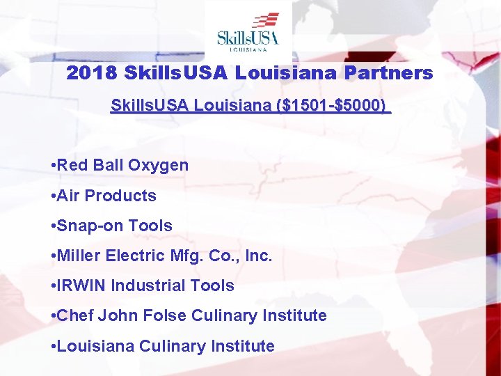 2018 Skills. USA Louisiana Partners Skills. USA Louisiana ($1501 -$5000) • Red Ball Oxygen