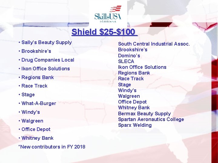 Shield $25 -$100 • Sally’s Beauty Supply • Brookshire’s • Drug Companies Local •