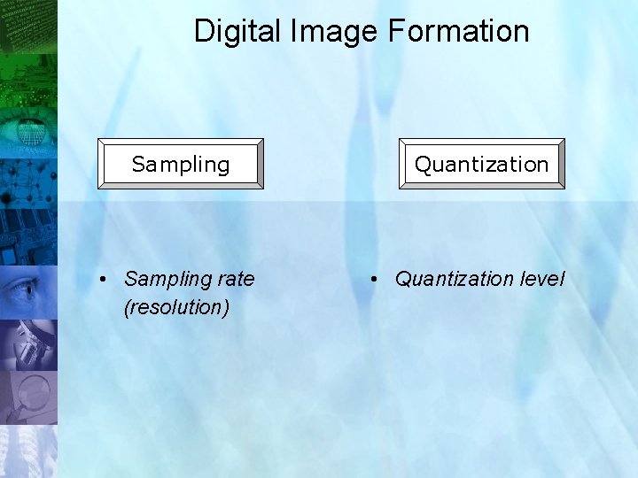 Digital Image Formation Sampling • Sampling rate (resolution) Quantization • Quantization level 12 