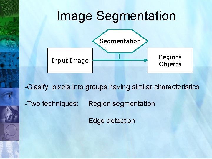 Image Segmentation Input Image Regions Objects -Clasify pixels into groups having similar characteristics -Two