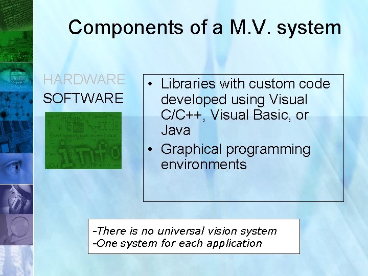 Components of a M. V. system HARDWARE SOFTWARE • Libraries with custom code developed