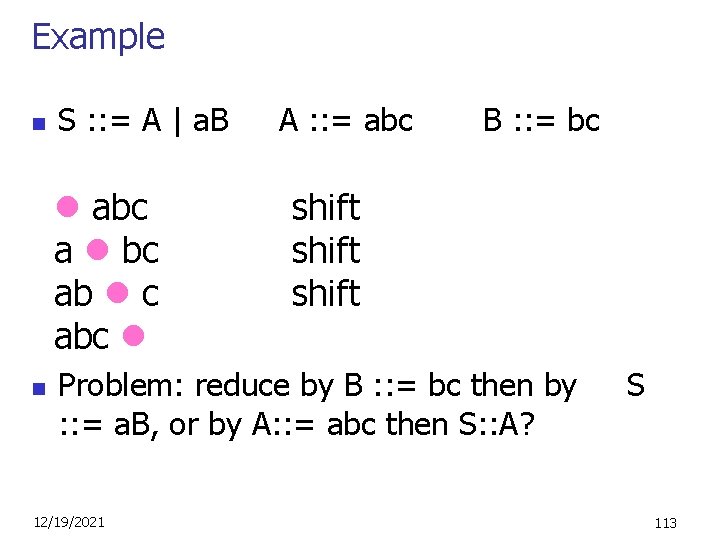 Example n S : : = A | a. B abc a bc ab