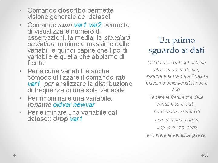  • Comando describe permette visione generale del dataset • Comando sum var 1