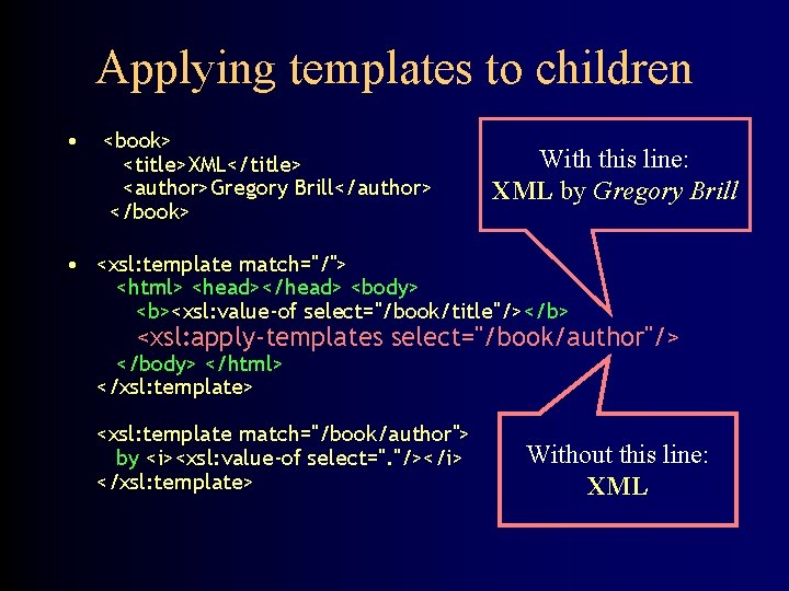 Applying templates to children • <book> <title>XML</title> <author>Gregory Brill</author> </book> With this line: XML