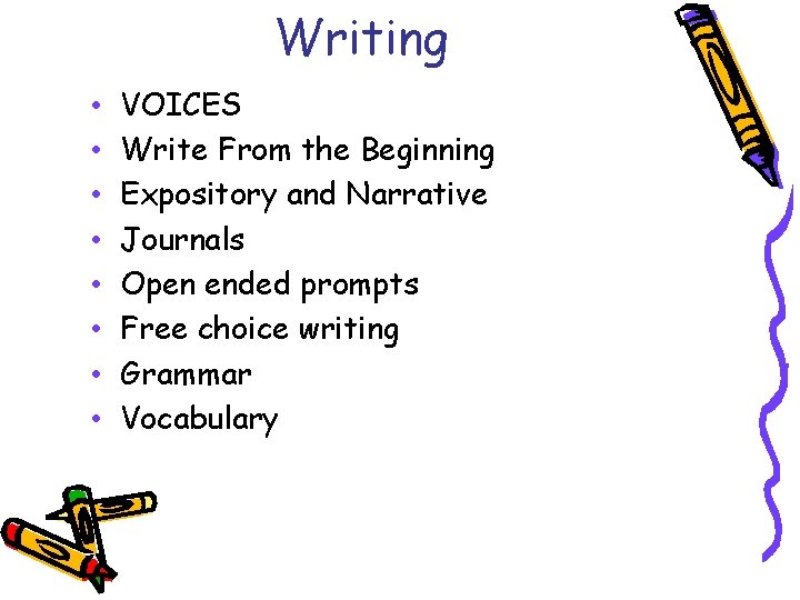Writing • • VOICES Write From the Beginning Expository and Narrative Journals Open ended