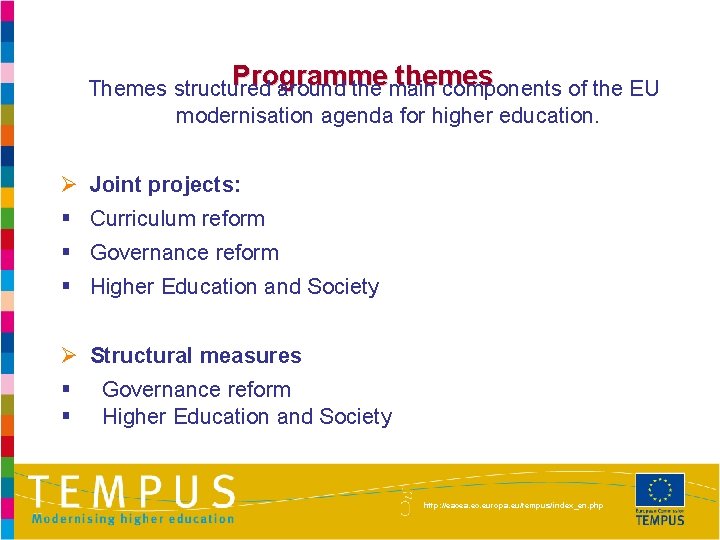Programme themes Themes structured around the main components of the EU modernisation agenda for