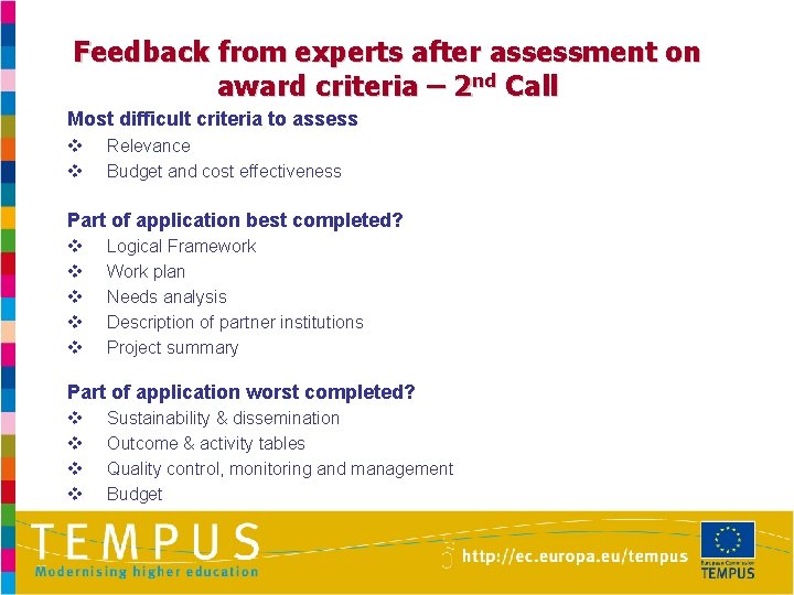 Feedback from experts after assessment on award criteria – 2 nd Call Most difficult