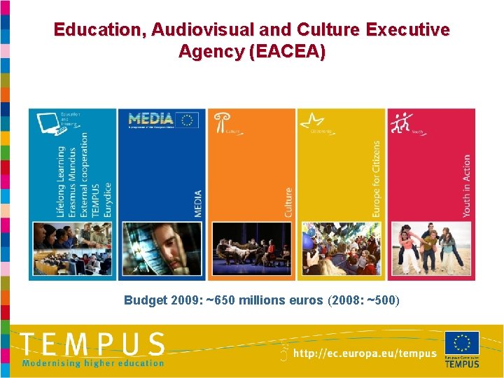 Education, Audiovisual and Culture Executive Agency (EACEA) Budget 2009: ~650 millions euros (2008: ~500)