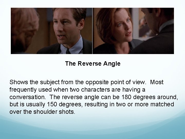 The Reverse Angle Shows the subject from the opposite point of view. Most frequently The Reverse Angle Shows the subject from the opposite point of view. Most frequently