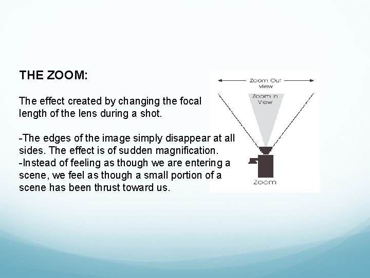 THE ZOOM: The effect created by changing the focal length of the lens during THE ZOOM: The effect created by changing the focal length of the lens during