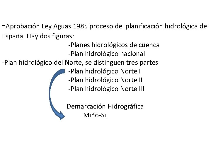 -Aprobación Ley Aguas 1985 proceso de planificación hidrológica de España. Hay dos figuras: -Planes