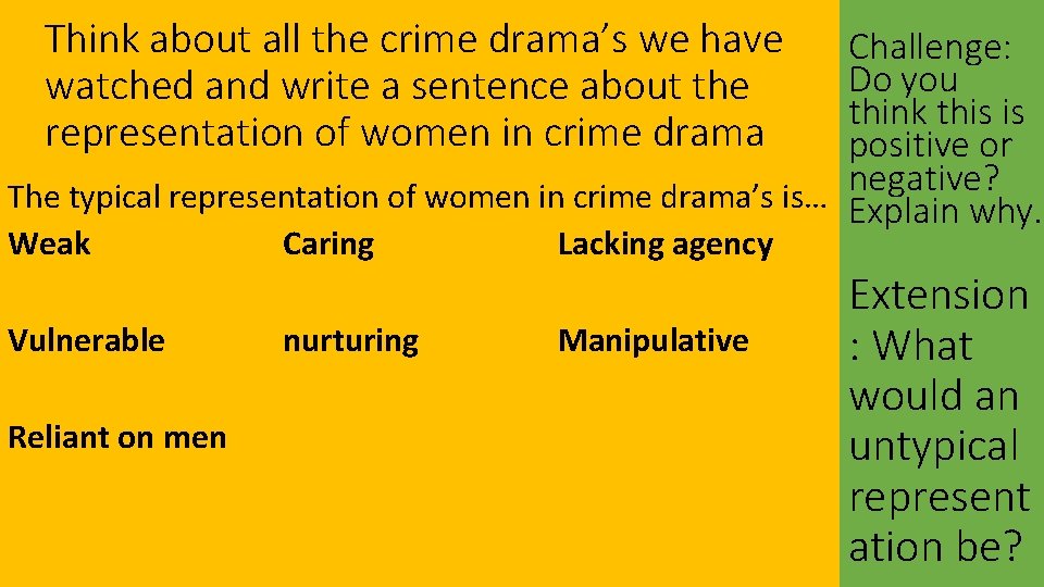 Think about all the crime drama’s we have watched and write a sentence about