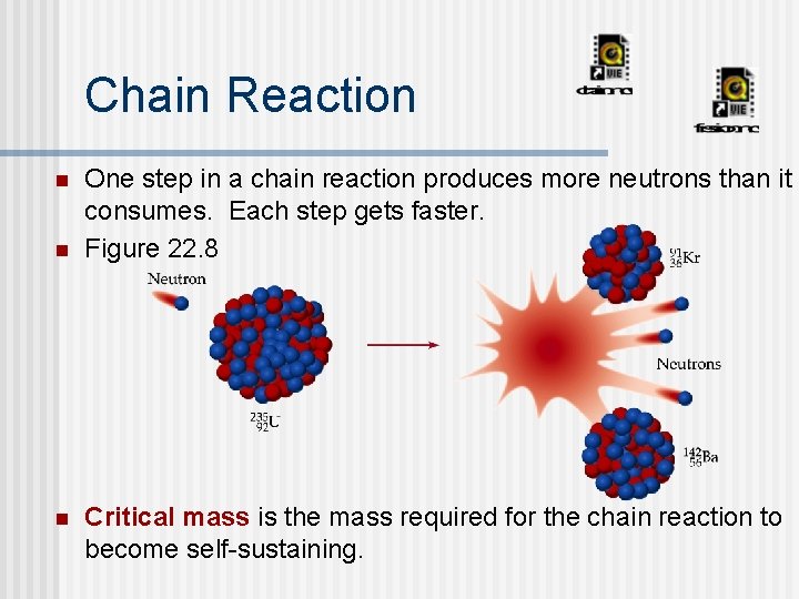 Chain Reaction n One step in a chain reaction produces more neutrons than it