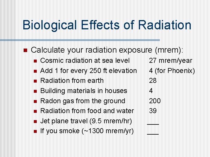 Biological Effects of Radiation n Calculate your radiation exposure (mrem): n n n n