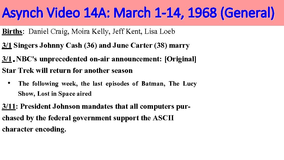 Asynch Video 14 A: March 1 -14, 1968 (General) Births: Daniel Craig, Moira Kelly, Asynch Video 14 A: March 1 -14, 1968 (General) Births: Daniel Craig, Moira Kelly,